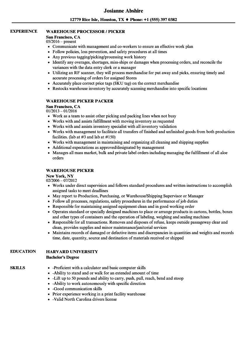 order picker job description for resume